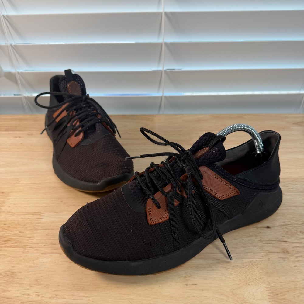 Olukai Mio Lī Athletic Sneakers Men's Black Mesh Lace-Up Track Runner - 10